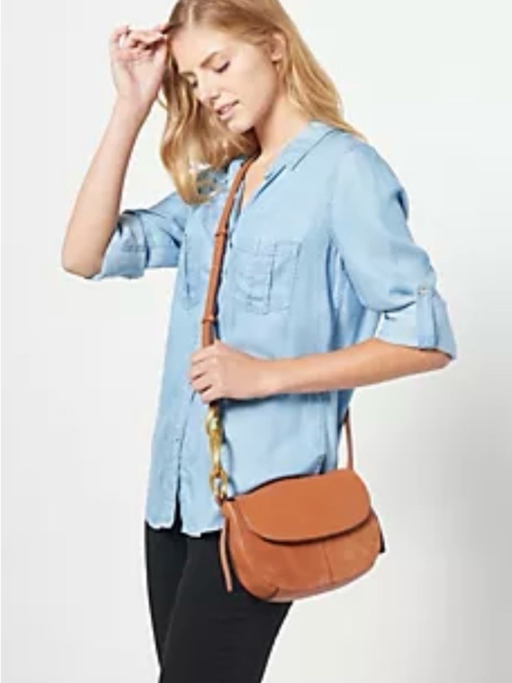Vince Camuto Two-Tone Cognac Saddle Crossbody with Gold Chain Accent - Picture 3 of 6